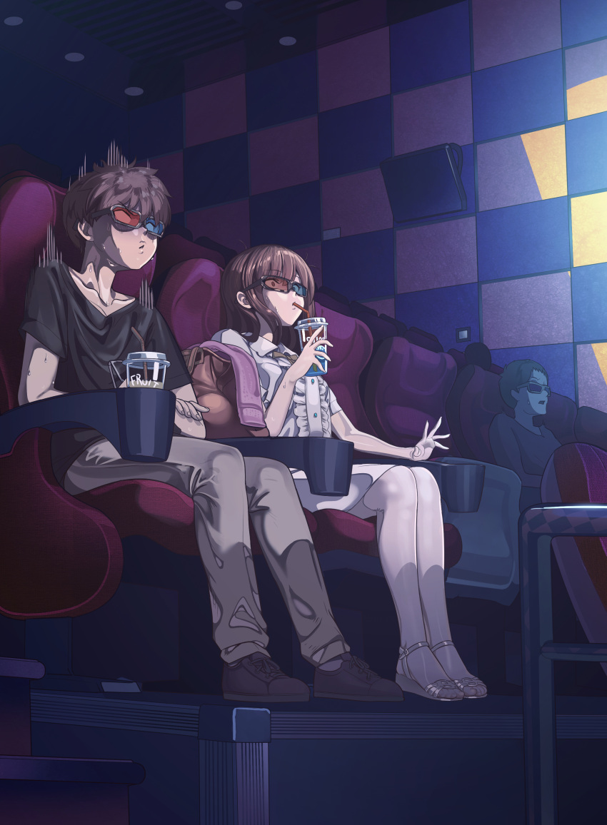 1girl 2boys 3d_glasses absurdres bangs black_shirt ceiling checkered_wall chinese_commentary collarbone commentary_request drinking drinking_straw eyebrows_visible_through_hair highres holding indoors movie_theater multiple_boys original shirt sitting thighhighs white_legwear yewang19