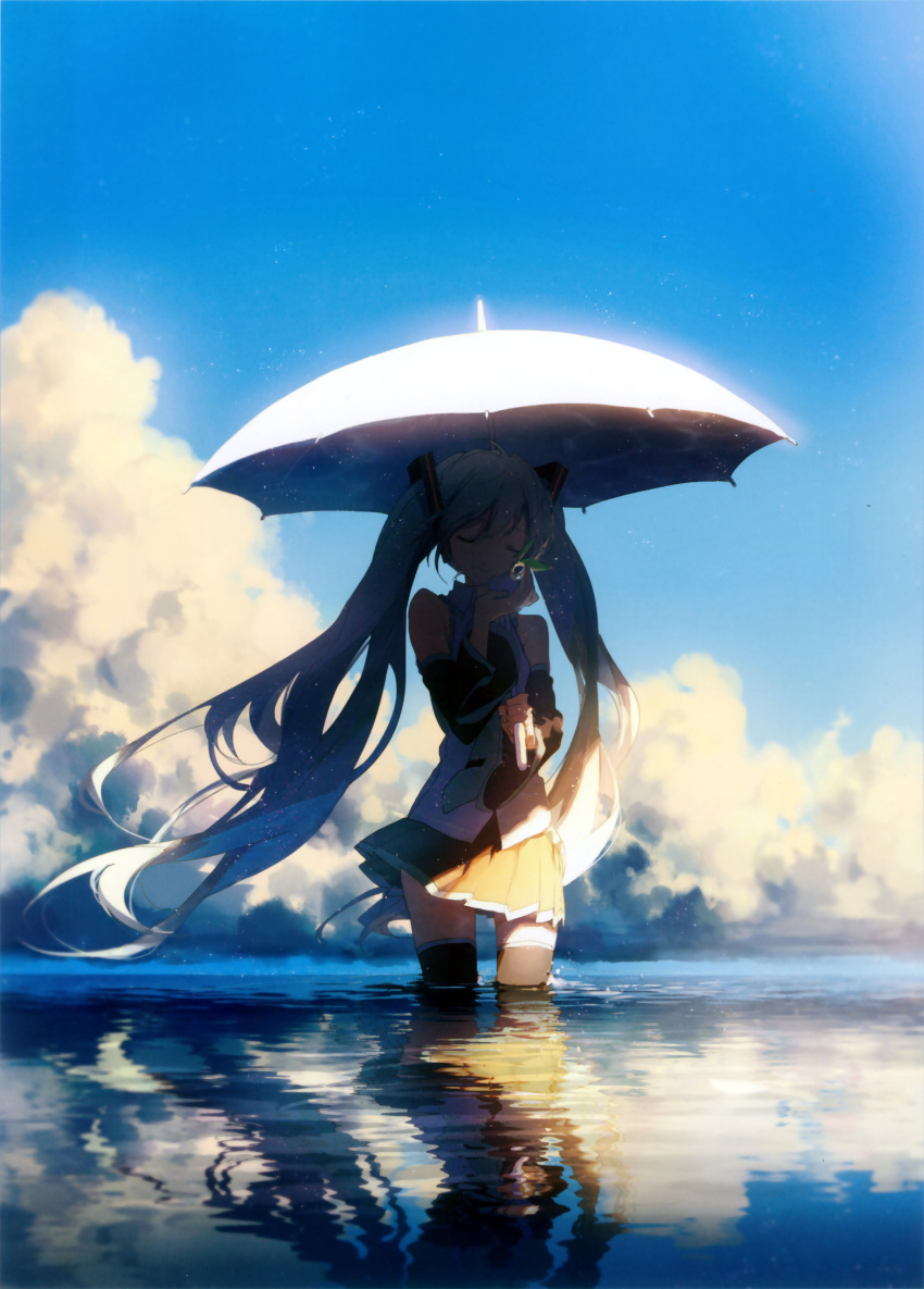 1girl absurdres armpit_crease bare_shoulders black_legwear black_skirt blue_hair blue_sky caustics closed_eyes closed_mouth clothes_lift cloud cloudy_sky day detached_sleeves evening facing_viewer floating_hair food hair_between_eyes hand_up happy hatsune_miku highres holding holding_food holding_umbrella horizon legs_apart light_particles light_smile long_hair necktie outdoors pleated_skirt radish reflection reflective_water rella ripples shade shirt sidelighting skirt skirt_lift sky sleeveless sleeveless_shirt solo standing sunlight thighhighs tie_clip twintails umbrella very_long_hair vocaloid wading water water_surface wind wind_lift zettai_ryouiki