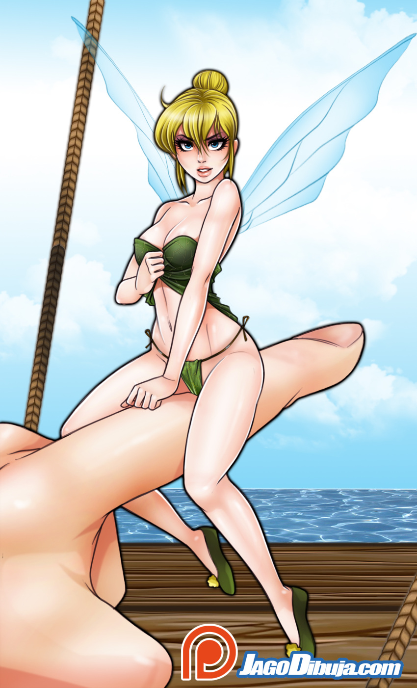 1girl 1other bare_shoulders blonde_hair blue_eyes breasts cleavage cloud cloudy_sky collarbone fairy fairy_wings green_footwear green_panties green_tubetop hair_bun hands highres horizon index_finger_raised jago_dibuja medium_breasts minigirl navel outdoors panties parted_lips patreon_username peter_pan_(disney) shoes size_difference sky smile solo_focus strapless tinker_bell_(disney) tubetop_lift underwear water watermark web_address wings