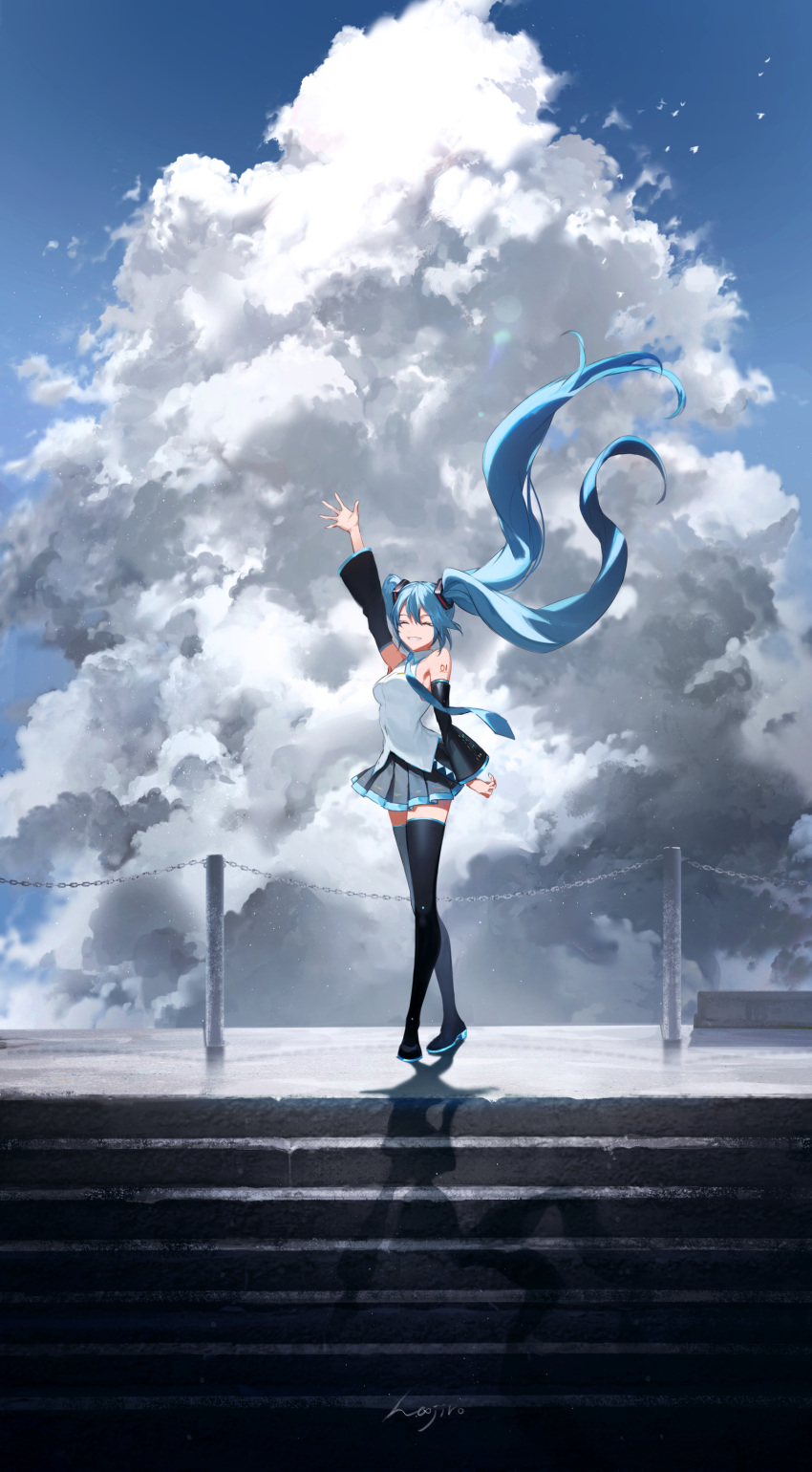 1girl absurdres arm_up bare_shoulders black_legwear black_skirt blue_hair closed_eyes cloud cloudy_sky commentary detached_sleeves floating_hair hair_ornament hand_up hatsune_miku highres hoojiro kneehighs long_hair miniskirt necktie outdoors pleated_skirt shadow shirt shoulder_tattoo skirt sky smile solo stairs tattoo thighhighs twintails very_long_hair vocaloid white_shirt wide_shot zettai_ryouiki