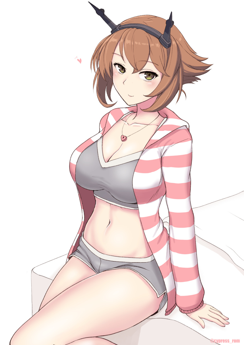 1girl alternate_costume bra breasts brown_hair collarbone cypress flipped_hair green_eyes grey_bra grey_shorts hairband headgear heart heart_lock_(kantai_collection) heart_necklace highres hood hood_down hoodie kantai_collection large_breasts long_sleeves mutsu_(kancolle) navel open_clothes open_hoodie radio_antenna short_hair short_shorts shorts sitting smile solo sports_bra striped striped_hoodie underwear