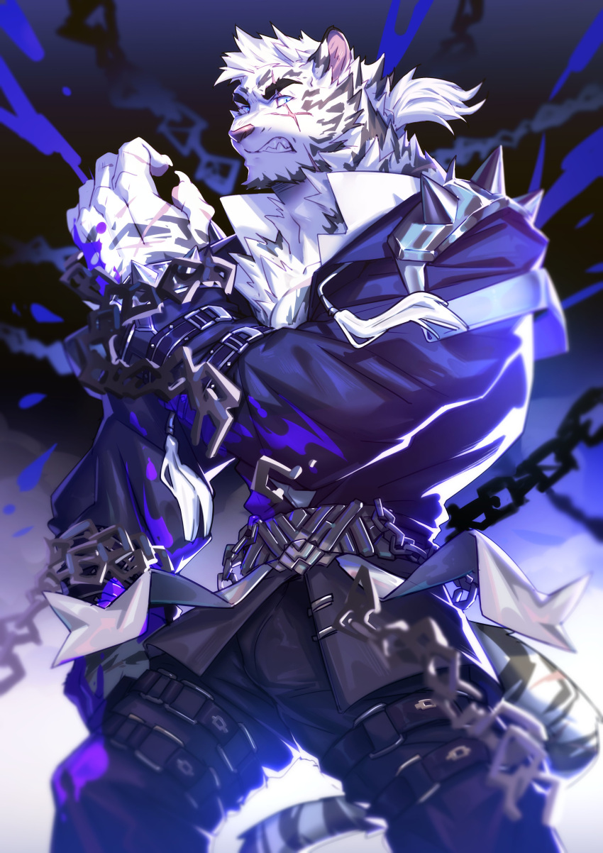 1boy absurdres animal_ears arknights bara black_jacket black_pants bulge chain feet_out_of_frame fluffy frown furry highres jacket looking_at_viewer male_focus medium_hair mountain_(arknights) mountain_(dark_cloud)_(arknights) muscular muscular_male official_alternate_costume orzero_(orzero_husky) pants partially_unbuttoned scar scar_across_eye scar_on_hand solo tied_hair tiger_boy tiger_ears white_fur white_hair