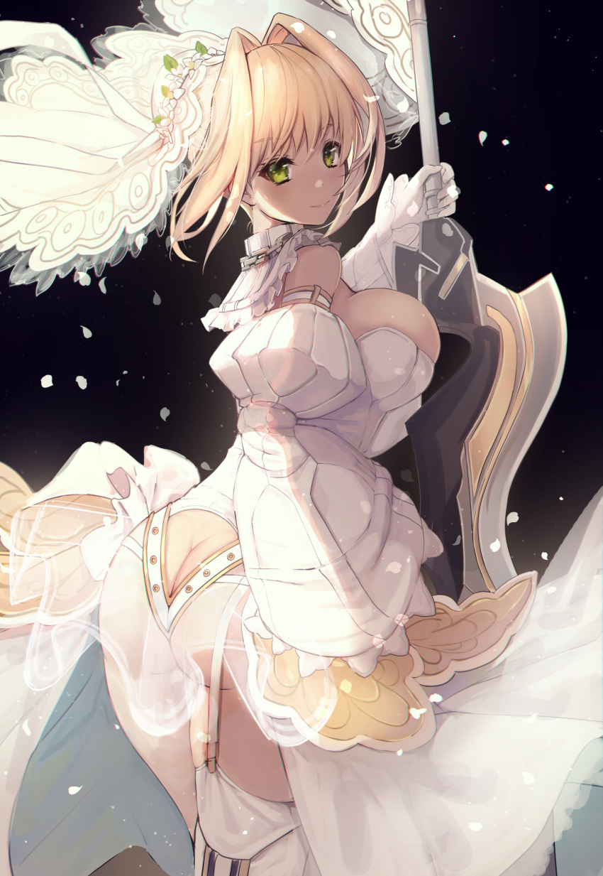 1girl aestus_estus ahoge ass ass_cutout back bad_id bad_pixiv_id bangs bare_shoulders blonde_hair blush breasts chain clothing_cutout detached_collar detached_sleeves elbow_gloves fate/extra fate/extra_ccc fate/grand_order fate_(series) flower_wreath garter_straps gloves green_eyes hair_between_eyes hair_intakes head_wreath highleg highleg_leotard highres large_breasts leotard lock long_hair looking_at_viewer nero_claudius_(bride)_(fate) nero_claudius_(fate)_(all) padlock petals puffy_sleeves solo sword thighhighs thighs untue veil weapon white_gloves white_legwear white_leotard wide_sleeves