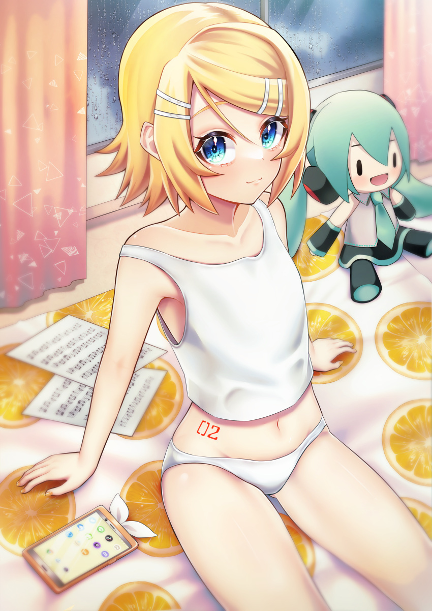1girl :3 absurdres ataraii_moyasi bangs bare_legs bare_shoulders blonde_hair blue_eyes cellphone character_doll collarbone eyelashes hair_ornament hairclip hatsune_miku highres kagamine_rin looking_at_viewer looking_up midriff navel number_tattoo on_bed orange_print panties phone rain sheet_music shirt short_hair sitting sleeveless sleeveless_shirt smile solo stomach_tattoo stuffed_toy swept_bangs tattoo thighs triangle_print underwear vocaloid water_drop window yellow_nails