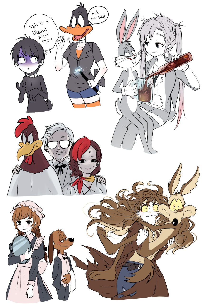 5girls 6+boys black_hair braid brown_hair bugs_bunny butler closed_mouth colonel_sanders colored_sclera cosplay costume_switch daffy_duck english_text foghorn_leghorn genderswap genderswap_(mtf) glasses grey_hair highres himuhino humanization long_hair looking_at_viewer looney_tunes maid multiple_boys multiple_girls opaque_glasses real_life smile speech_bubble sweat sweating_profusely thought_bubble twin_braids twintails wile_e_coyote yellow_sclera