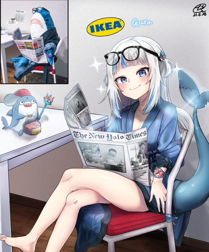 1girl bangs barefoot black_eyes bloop_(gawr_gura) blue_hair blue_robe blush can crossed_legs eyewear_on_head fish_tail gawr_gura glasses head_tilt highres holding holding_newspaper holding_weapon hololive hololive_english ikea korean_commentary legs looking_at_viewer multicolored_hair newspaper photo-referenced photo_(medium) photo_inset polearm qualthis reference_photo_inset robe shark_tail sharp_teeth silver_hair sitting smile solo sparkle streaked_hair tail teeth trident two_side_up virtual_youtuber weapon yagoo