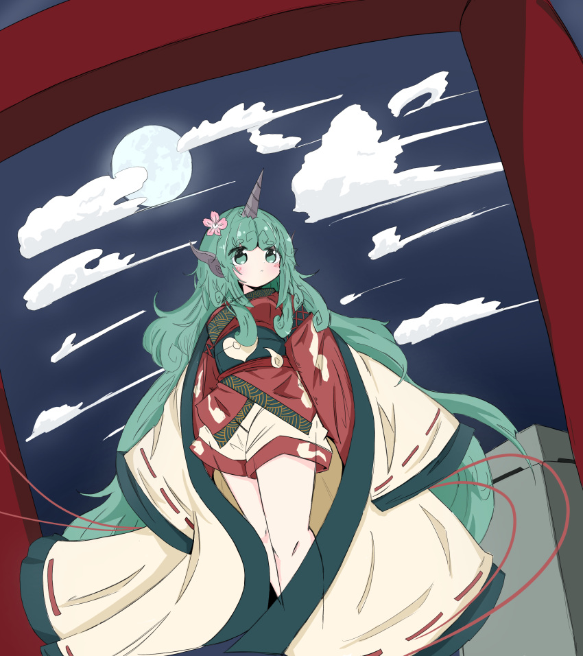 1girl absurdres adapted_costume bangs closed_mouth cloud cloud_print curly_hair eyebrows_visible_through_hair feet_out_of_frame flower full_moon green_eyes green_hair hair_flower hair_ornament heart highres horns japanese_clothes kimono komainu komano_aunn long_hair long_sleeves looking_to_the_side moon night night_sky outdoors pink_flower red_kimono ribbon-trimmed_sleeves ribbon_trim shorts single_horn sky solo standing tatutaniyuuto torii touhou very_long_hair white_shorts wide_sleeves