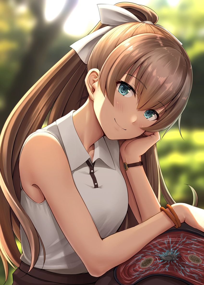1girl alternate_costume blue_eyes blush brown_hair buttons closed_mouth collared_shirt commentary_request eyebrows_visible_through_hair hair_between_eyes highres ichikawa_feesu kantai_collection kumano_(kancolle) long_hair looking_at_viewer partial_commentary ponytail shirt sleeveless sleeveless_shirt smile solo watch white_shirt wristwatch