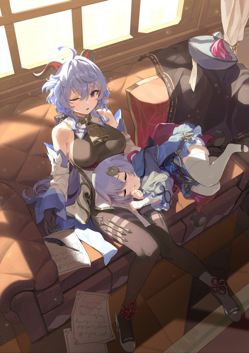 # 2girls absurdres ahoge bare_shoulders bell black_legwear blue_hair breasts bsue closed_eyes couch cowbell detached_sleeves full_body ganyu_(genshin_impact) genshin_impact gloves hat highres huge_filesize indoors jiangshi lap_pillow long_sleeves medium_breasts multiple_girls on_couch one_eye_closed open_mouth pantyhose paper pillow purple_eyes purple_hair qiqi_(genshin_impact) shorts sitting sleeping talisman thighhighs tired window