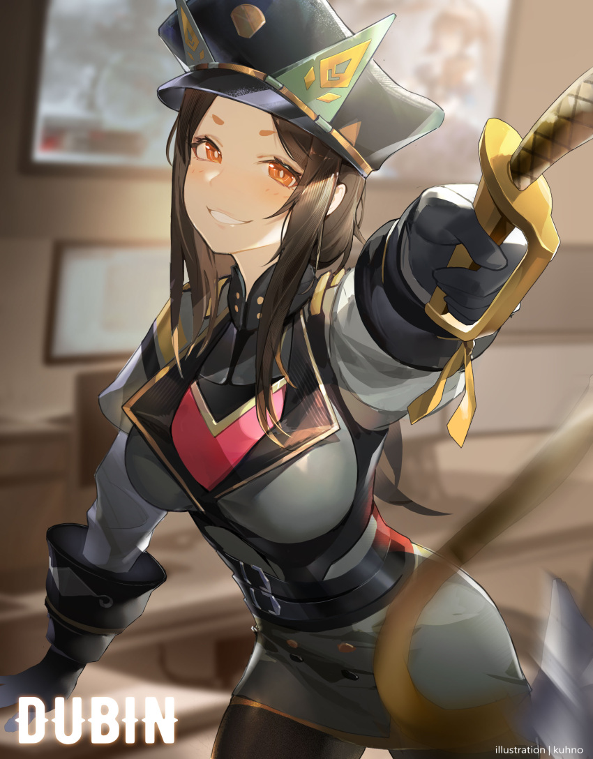 1girl absurdres arknights black_gloves black_headwear breasts brown_hair commentary_request dobermann_(arknights) dobermann_(lieutenant)_(arknights) gloves hat highres holding holding_weapon holding_whip indoors kuhnowushi large_breasts long_hair long_sleeves looking_at_viewer military military_uniform official_alternate_costume orange_eyes peaked_cap smile solo uniform weapon whip