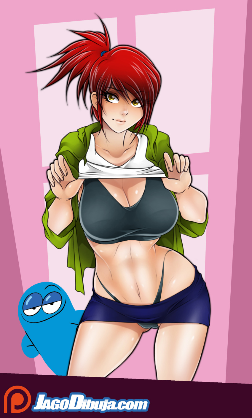 1boy 1girl absurdres black_bra blooregard_q_kazoo blue_skirt bra breasts cleavage clothes_lift foster's_home_for_imaginary_friends frankie_foster green_jacket highres jacket jago_dibuja large_breasts navel patreon_logo ponytail red_hair shirt shirt_lift skirt solo_focus underwear watermark web_address white_shirt