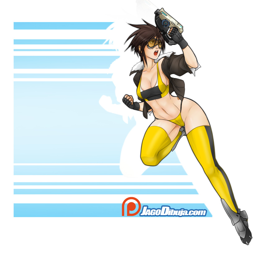 1girl absurdres arm_up black_gloves black_jacket breasts brown_hair fingerless_gloves gloves grey_footwear highres jacket jago_dibuja medium_breasts navel open_mouth orange_goggles overwatch panties shoes short_hair solo thighhighs tracer_(overwatch) underwear wide_shot yellow_legwear yellow_panties