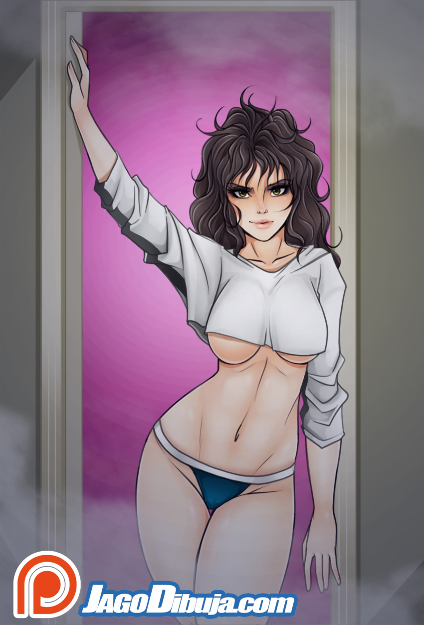 arm_up bangs black_hair black_panties blush breasts brown_eyes cropped_shirt fog highres jago_dibuja large_breasts lisa_(weird_science) long_hair long_sleeves looking_at_viewer navel panties patreon_logo shadow shirt smile underboob underwear watermark web_address weird_science white_shirt