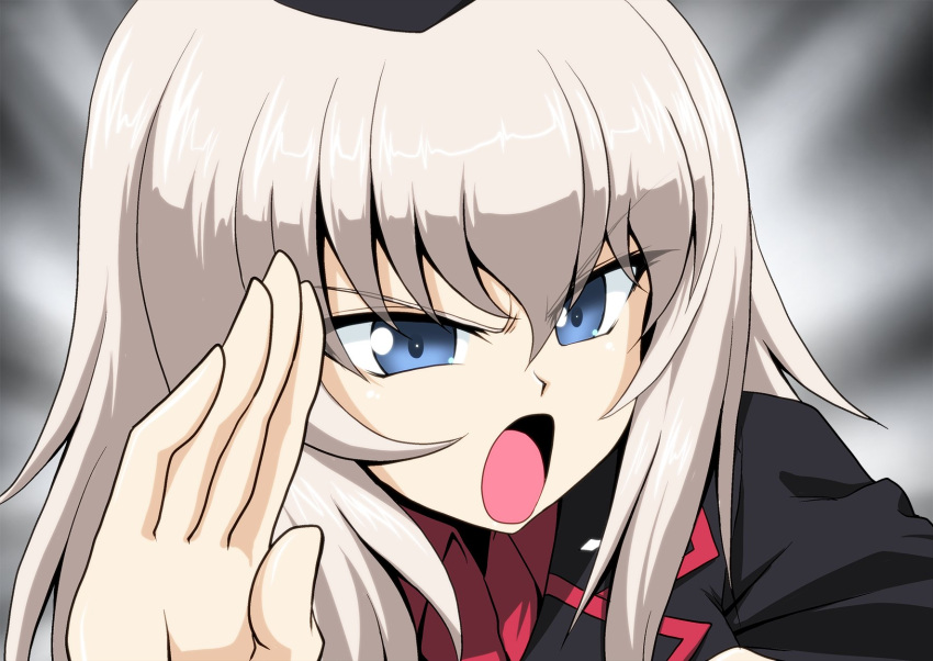 1girl bangs black_headwear black_jacket blue_eyes commentary dress_shirt face frown girls_und_panzer hat highres itsumi_erika jacket kamishima_kanon kuromorimine_military_uniform long_sleeves looking_to_the_side medium_hair military military_uniform open_mouth red_shirt shirt silver_hair solo uniform v-shaped_eyebrows wing_collar