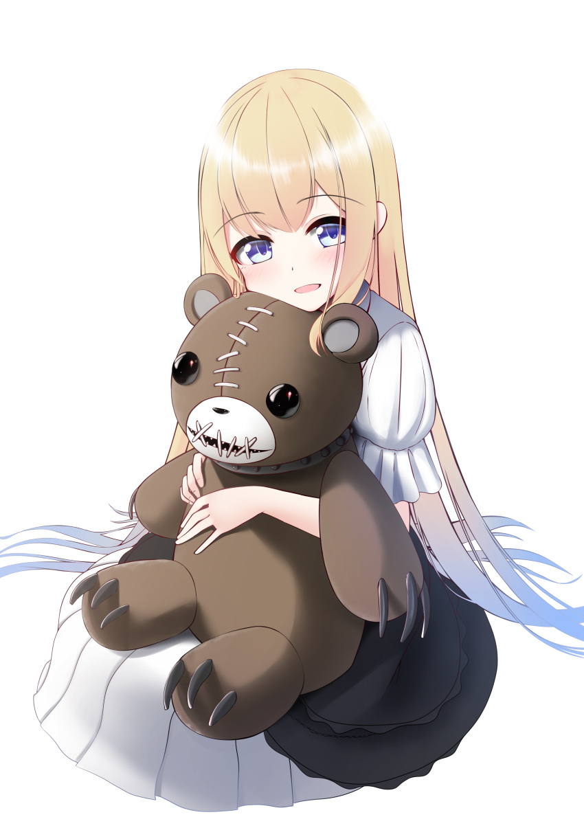 1girl :d absurdres bangs blonde_hair blue_eyes blush claws commentary_request dress eyebrows_visible_through_hair full_body highres indie_virtual_youtuber long_hair looking_at_viewer nekobaka object_hug open_mouth puffy_short_sleeves puffy_sleeves sharp_teeth short_sleeves smile solo stitched_mouth stitches stuffed_animal stuffed_toy teddy_bear teeth toujou_hatena transparent_background very_long_hair virtual_youtuber white_dress