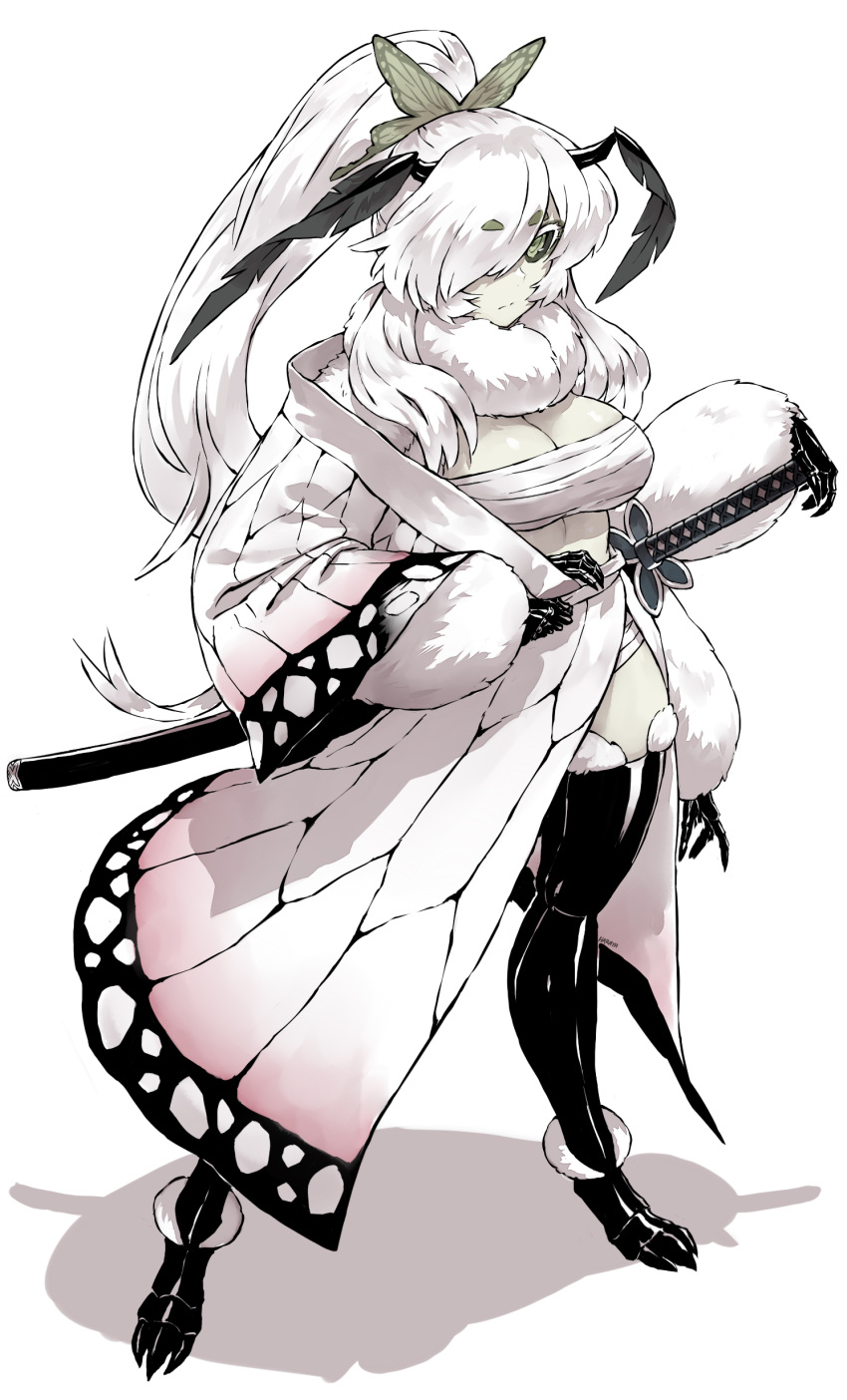 1girl absurdres antennae arthropod_girl black_sclera breasts chiton colored_sclera cosplay extra_arms eyebrows_visible_through_hair full_body hair_between_eyes haraya_manawari highres indie_virtual_youtuber juniper_actias katana kimetsu_no_yaiba kochou_shinobu kochou_shinobu_(cosplay) large_breasts long_hair moth_girl ponytail sarashi shadow sheath sheathed simple_background solo standing sword very_long_hair virtual_youtuber weapon white_background