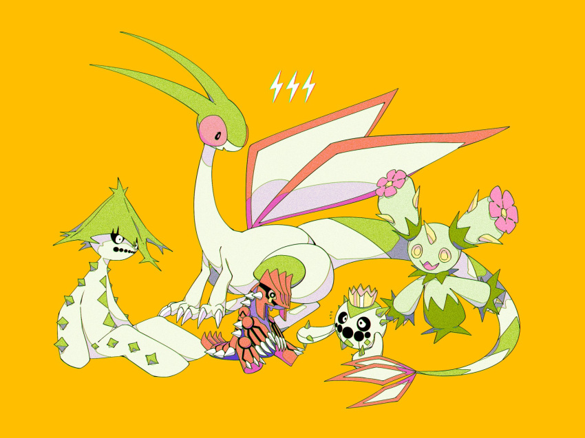 cacnea cacturne cghg_821 claws commentary flygon gen_3_pokemon gen_5_pokemon groudon highres legendary_pokemon looking_down maractus no_humans open_mouth orange_background pokemon pokemon_(creature) simple_background sitting smile spikes tongue yellow_eyes