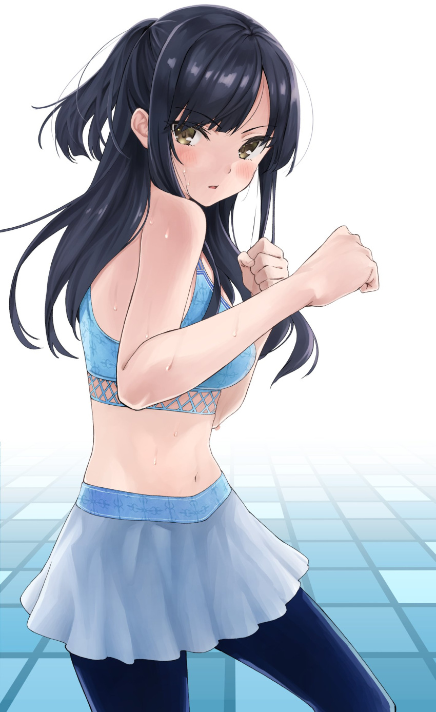 1girl anno_masato bare_shoulders black_hair boxing brown_eyes commentary_request crop_top fitness_boxing highres karen_(fitness_boxing) long_hair looking_at_viewer navel parted_lips skirt sportswear standing sweat sweatdrop two_side_up