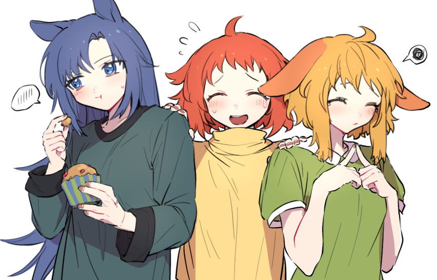 3girls :t ahoge animal_ears arknights beagle_(arknights) blonde_hair blue_eyes blue_hair blush bunny_ears closed_eyes commentary cross_neko cupcake dog_ears eating fang_(arknights) fingers_together flying_sweatdrops food green_shirt hand_on_another's_shoulder holding horse_ears kroos_(arknights) long_hair multiple_girls nervous_smile open_mouth red_nails shirt short_hair simple_background spoken_blush spoken_squiggle squiggle upper_body white_background yellow_shirt