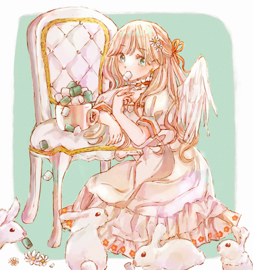 1girl absurdres angel_wings aqua_background arm_rest ayatokoroten bangs blonde_hair bunny chair cup daisy dress earrings english_commentary eyebrows_visible_through_hair flower food food_in_mouth green_eyes hair_flower hair_ornament hair_ribbon hand_on_own_chest highres jewelry long_hair looking_at_viewer marshmallow on_floor original puffy_short_sleeves puffy_sleeves ribbon short_sleeves simple_background sitting sleeve_cuffs solo star_(symbol) star_earrings very_long_hair white_dress wings