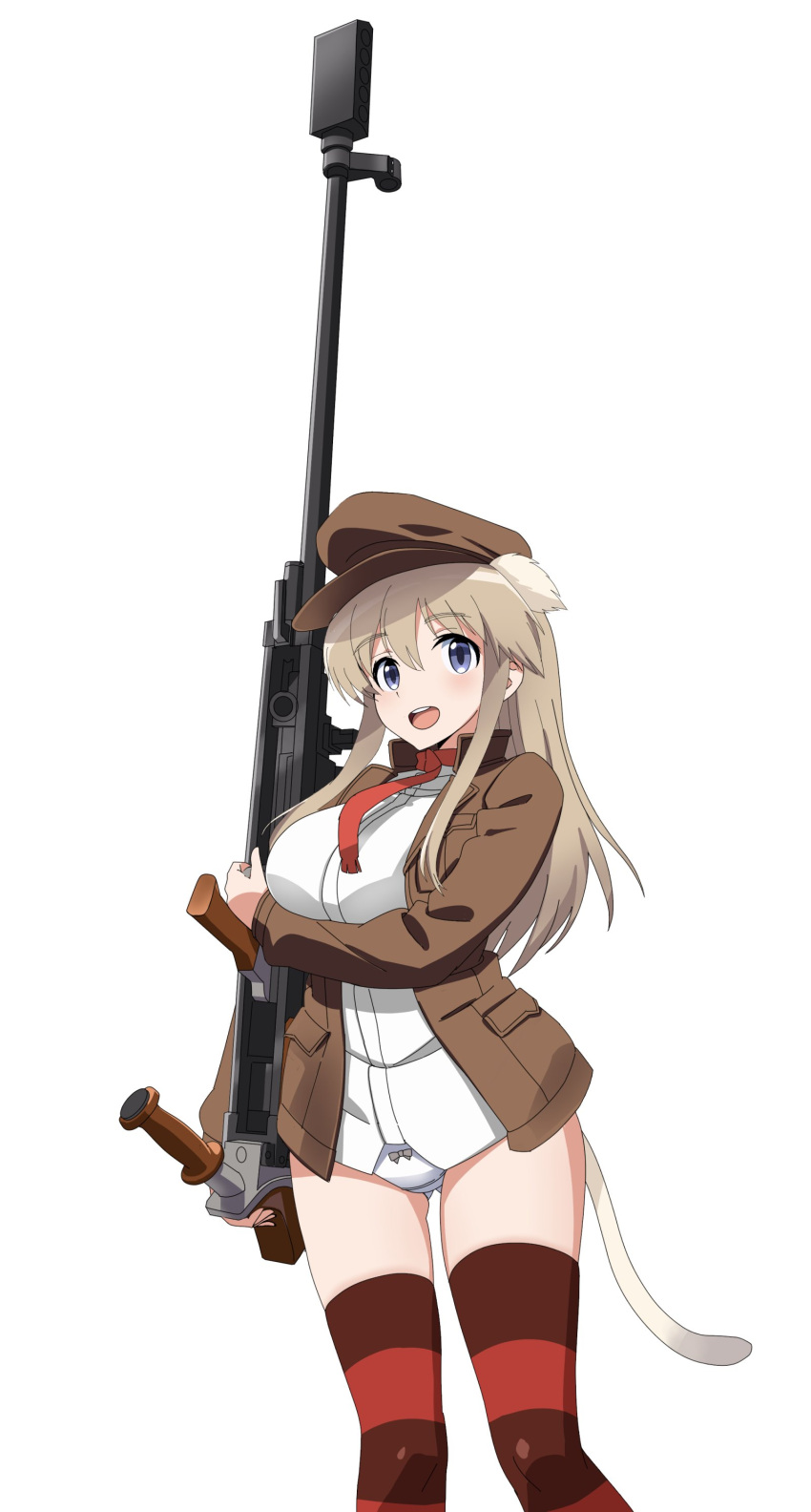 1girl absurdres animal_ears ass_visible_through_thighs bangs blue_eyes bow bow_panties boys_anti_tank_rifle brown_headwear brown_jacket cat_tail commentary_request cowboy_shot crotch_seam eyebrows_visible_through_hair flat_cap gun hat highres holding holding_gun holding_weapon jacket kaneko_(novram58) light_brown_hair long_hair long_sleeves looking_at_viewer necktie no_pants open_mouth panties photoshop_(medium) red_legwear red_neckwear shirt simple_background smile solo standing strike_witches:_katayoku_no_majo-tachi striped striped_legwear tail thighhighs underwear weapon white_background white_shirt wilma_bishop world_witches_series