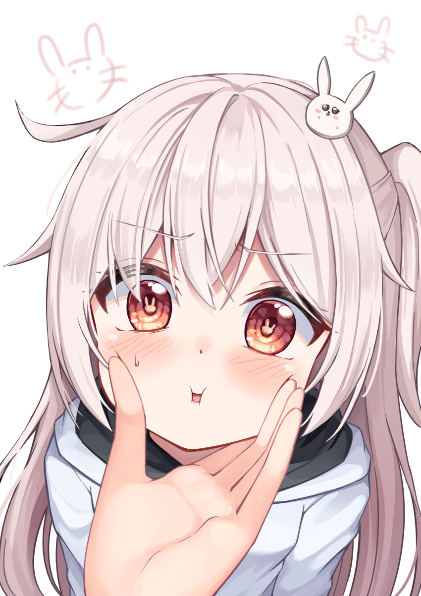 1girl :i absurdres bangs blush bunny-shaped_pupils bunny_hair_ornament cheek_squash commentary_request eyebrows_visible_through_hair face_grab face_squeeze hair_intakes hair_ornament hand_on_another's_cheek hand_on_another's_face hand_up highres hood hood_down hoodie long_hair long_sleeves looking_at_viewer looking_up mannack open_mouth original ponytail pov pov_hands red_eyes short_ponytail side_ponytail simple_background sweat sweatdrop upper_body white_background white_hair white_hoodie