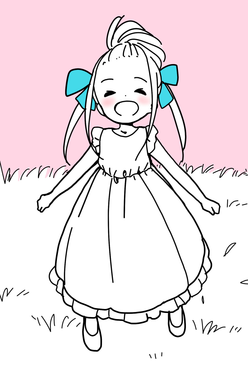 1girl :d ^_^ alternate_hairstyle arms_at_sides blue_ribbon blush clenched_hands closed_eyes commentary_request disconnected_mouth dot_nose dress facing_viewer forehead full_body grass hair_ribbon happy highres hitoribocchi_no_marumaru_seikatsu katsuwo_(cr66g) legs_apart open_mouth outdoors partially_colored pink_background pleated_dress ribbon shoes sidelocks simple_background smile solo sotoka_rakita standing younger