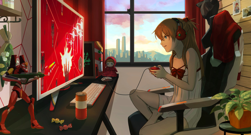 1girl aida_kensuke can chair controller doll dress eva_02 game_controller hat headphones highres indian_style keyboard_(computer) mouse_(computer) neon_genesis_evangelion plant sitting souryuu_asuka_langley tsukimoritsuki video_game window