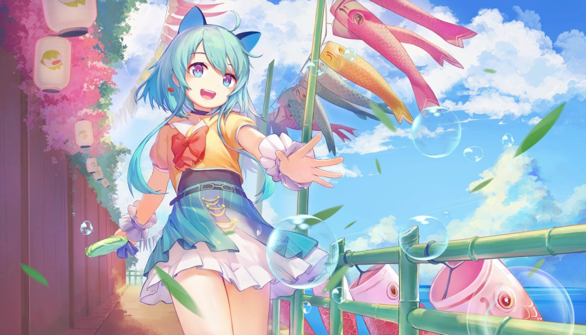 1girl ahoge animal_ears aqua_hair bamboo bamboo_fence bubble candy carp cat_ears cherry_blossoms children's_day cloud collar detached_sleeves fence food gradient_eyes highres lantern leaves_in_wind lollipop multicolored multicolored_eyes official_art ribbon riko_(smc) sky smile super_mecha_champions