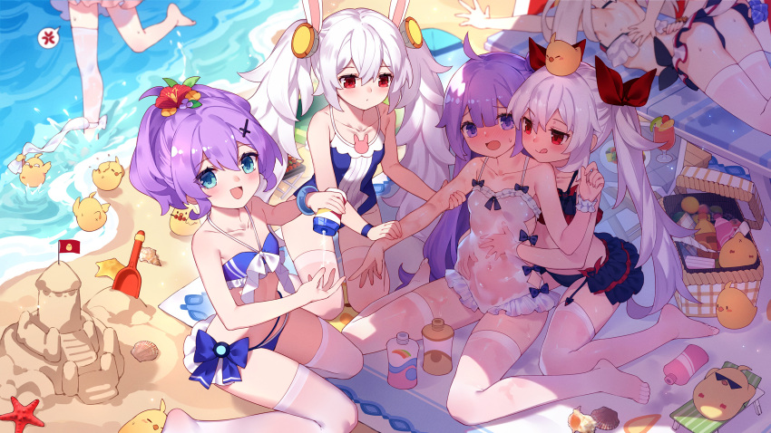 6+girls :d :q anger_vein animal_ears animal_on_head azur_lane bangs bare_shoulders basket beach bikini bird bird_on_head blue_bikini blue_eyes blue_swimsuit book breasts bunny_ears chick collarbone commentary_request covered_navel from_above hair_ribbon hammann_(azur_lane) hammann_(rebellious_summer)_(azur_lane) hand_on_another's_stomach highres holding holding_another's_arm holding_book javelin_(azur_lane) javelin_(beach_picnic!)_(azur_lane) laffey_(azur_lane) legs long_hair looking_at_another looking_at_viewer lotion_bottle manjuu_(azur_lane) multiple_girls no_shoes official_alternate_costume on_head one-piece_swimsuit open_mouth out_of_frame purple_eyes purple_hair red_eyes ribbon sand_castle sand_sculpture sitting small_breasts smile spoken_anger_vein starfish swimsuit thighhighs tongue tongue_out tsubasa_tsubasa twintails unicorn_(azur_lane) vampire_(azur_lane) very_long_hair water white_hair white_legwear white_swimsuit yuri