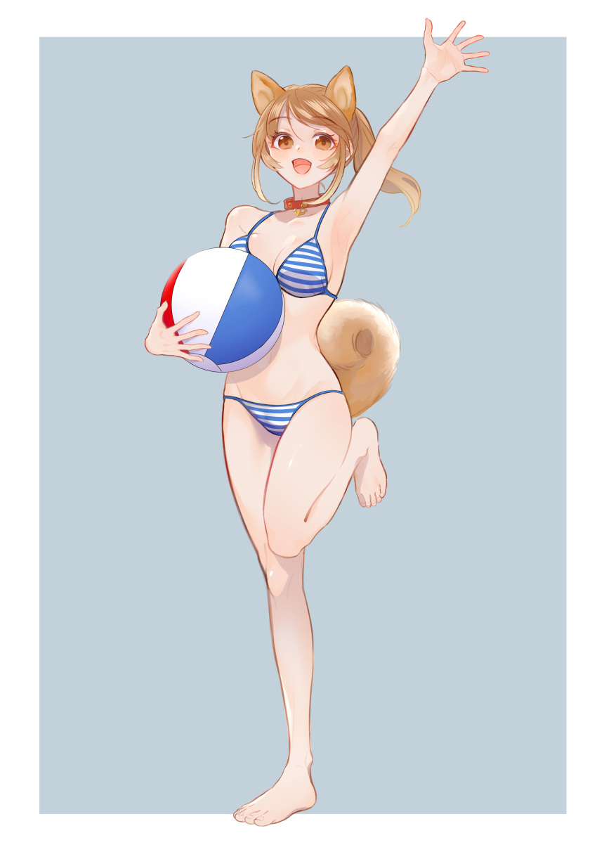 1girl absurdres animal_ears ball barefoot beachball bikini border brown_hair commentary_request dog_ears dog_tail full_body grey_background highres legs long_hair original ponytail red_eyes rubianeko shiba_inu smile solo standing standing_on_one_leg striped striped_bikini swimsuit tail two-tone_background waving white_border