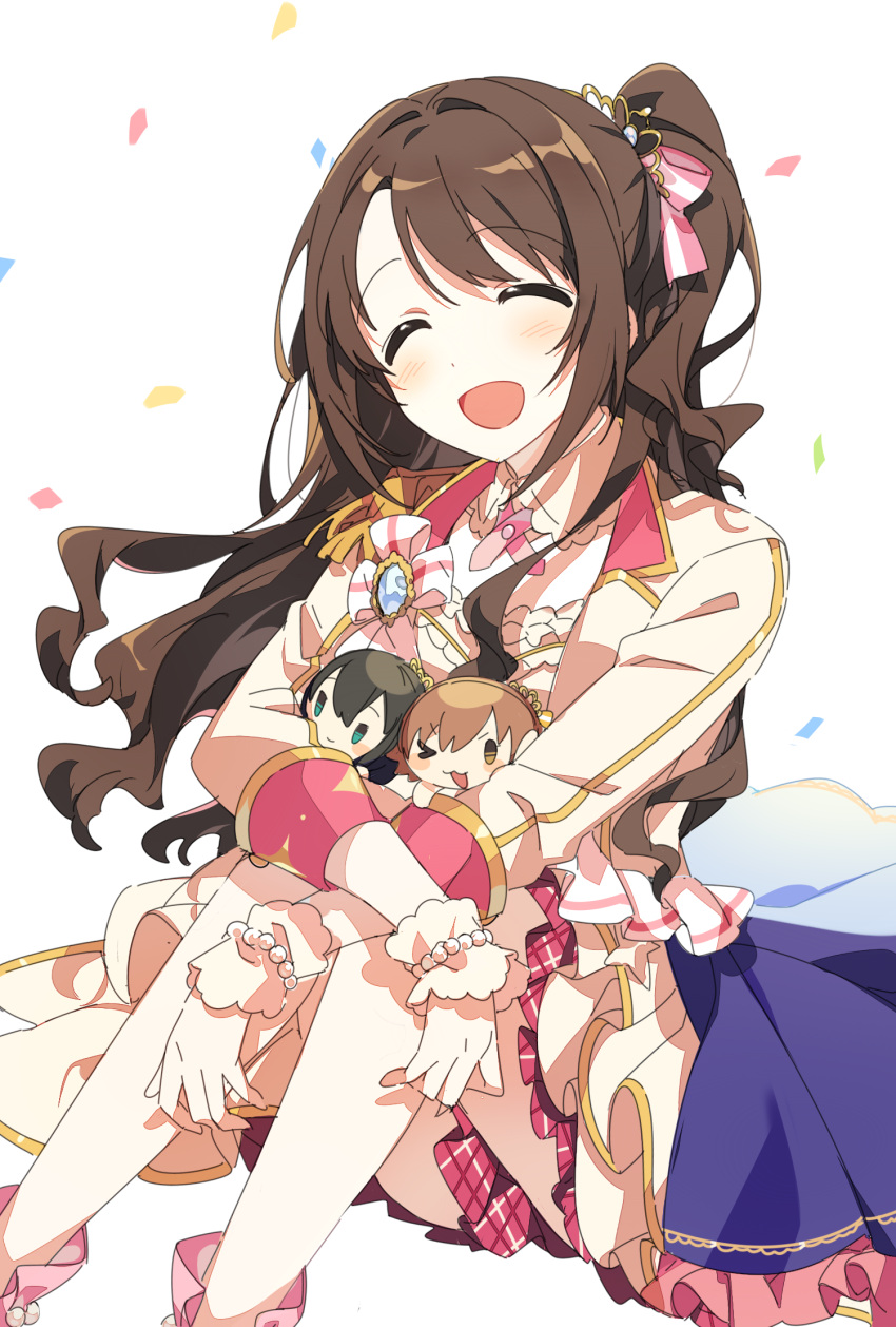 &gt;_o 1girl :3 :d ap_bar bangs black_hair bow brooch brown_eyes brown_hair character_doll closed_eyes commentary confetti crossed_arms eyebrows_visible_through_hair frilled_skirt frills green_eyes hair_bow half_updo highres honda_mio idolmaster idolmaster_cinderella_girls jacket jewelry knees_up long_hair long_sleeves new_generations_(idolmaster) one_eye_closed open_mouth pink_bow ponytail shibuya_rin shimamura_uzuki short_hair side_ponytail simple_background skirt smile solo wavy_hair white_background white_jacket white_skirt wrist_cuffs