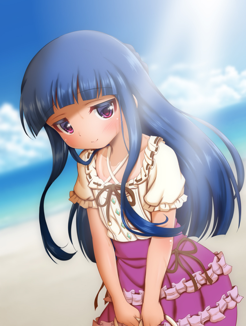 1girl beach blue_hair cloud highres hosizora_mikoto idolmaster idolmaster_cinderella_girls long_hair outdoors purple_skirt red_eyes sajo_yukimi shirt short_sleeves skirt sky smile solo tan tanline white_shirt