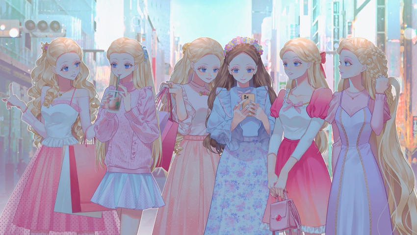 6+girls absurdly_long_hair alternate_costume anneliese_(barbie) bag barbie_(character) barbie_(franchise) barbie_as_rapunzel barbie_as_the_princess_and_the_pauper barbie_in_the_12_dancing_princesses barbie_in_the_nutcracker barbie_movies barbie_of_swan_lake blonde_hair blouse blue_dress blurry blurry_background bow braid brown_hair building cable_knit casual cellphone cityscape clara_(barbie) clara_(the_nutcracker) coffee_cup cowboy_shot crossover cup curly_hair disposable_cup dress drinking drinking_straw erika_(barbie) everyone eyeshadow floral_dress floral_print flower flower_wreath friends frilled_sleeves frills genevieve_(barbie) grimm's_fairy_tales hair_bow hair_flower hair_ornament hair_pulled_back hair_ribbon head_wreath highres holding holding_bag holding_hair jewelry long_hair long_skirt long_sleeves look-alike looking_at_another looking_at_phone makeup matching_outfit miniskirt multiple_girls necklace odette_(barbie) odette_(swan_lake) okitafuji pale_background pale_skin pastel_colors phone pink_dress pink_eyeshadow pink_sweater playing_with_own_hair pointing polka_dot polka_dot_dress polka_dot_skirt princess_and_the_pauper princess_anneliese_(barbie) puffy_sleeves rapunzel rapunzel_(barbie) rapunzel_(grimm) ribbon rose see-through_skirt sheer_clothes shirt_under_dress shopping shopping_bag skirt sky skyscraper sleeveless sleeveless_dress smartphone smile straight_hair swan_lake sweater tank_top the_nutcracker tri_braids very_long_hair