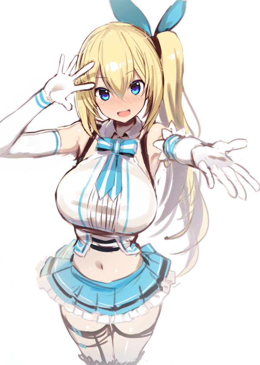 1girl :d absurdres blonde_hair blue_bow blue_eyes blue_neckwear blue_skirt blush bow bowtie breasts elbow_gloves gloves greatmosu hair_between_eyes hair_bow hand_up highres large_breasts legs_together long_hair looking_at_viewer midriff miniskirt mirai_akari mirai_akari_project navel open_mouth outstretched_arm side_ponytail simple_background sketch skirt smile solo thigh_gap waving white_background white_gloves
