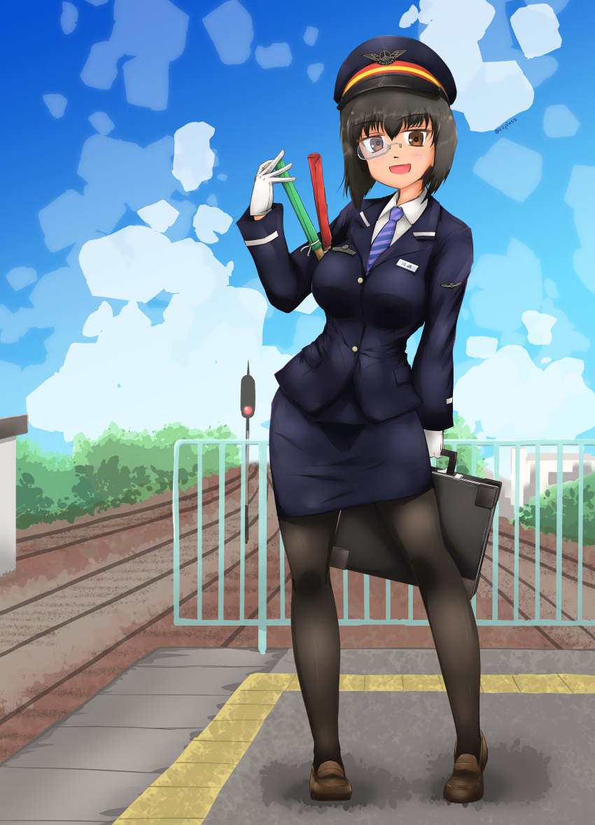 1girl absurdres bangs black_hair black_legwear blazer blue_headwear blue_jacket blue_neckwear blue_skirt blue_sky bob_cut briefcase brown_eyes brown_footwear character_name cloud cloudy_sky commentary_request day diagonal-striped_neckwear diagonal_stripes dress_shirt english_text formal girls_und_panzer gloves grey-framed_eyewear hat heel_up highres holding holding_briefcase insignia jacket kawashima_momo loafers long_sleeves looking_at_viewer miniskirt monocle name_tag necktie open_mouth outdoors pantyhose partial_commentary peaked_cap pencil_skirt railing railroad_signal railroad_tracks semi-rimless_eyewear shirt shoes short_hair skirt skirt_suit sky smile solo standing striped striped_neckwear suit train_conductor train_station_platform translated twitter_username under-rim_eyewear white_gloves white_shirt wing_collar zetto-plus