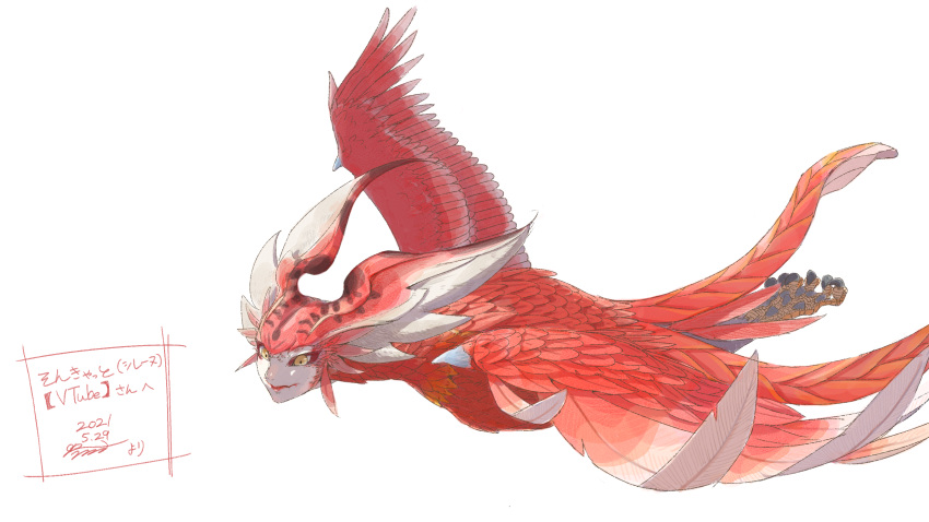 1girl artist_name bird_legs bird_tail commentary_request dated feather_hair feathered_wings feathers final_fantasy flying hagurototonn harpy highres monster_girl red_feathers red_wings simple_background solo tail talons white_background wings yellow_eyes