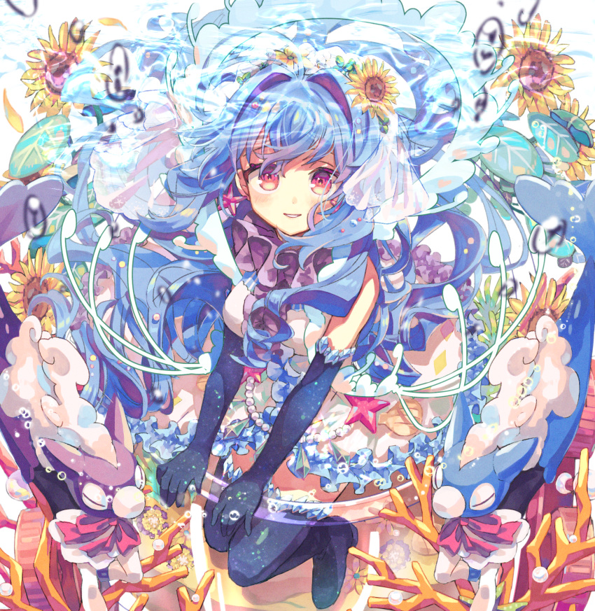 1girl ahoge bare_shoulders blue_hair canakeia commentary elbow_gloves flower gloves hair_between_eyes highres long_hair looking_at_viewer merc_storia nagatsukiariake smile solo sunflower thighhighs zettai_ryouiki