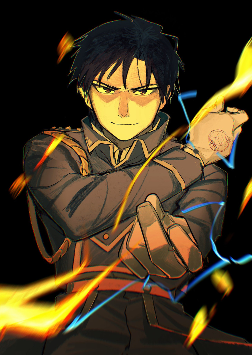 1boy aiguillette black_background black_eyes black_hair blue_jacket blue_pants blurry chromatic_aberration closed_mouth collared_jacket darkness depth_of_field doya electricity fire flame fullmetal_alchemist gloves hand_up highres jacket light looking_at_viewer male_focus military military_uniform motion_blur outstretched_hand pants roy_mustang shade simple_background smile snapping_fingers spiked_hair uniform upper_body white_gloves