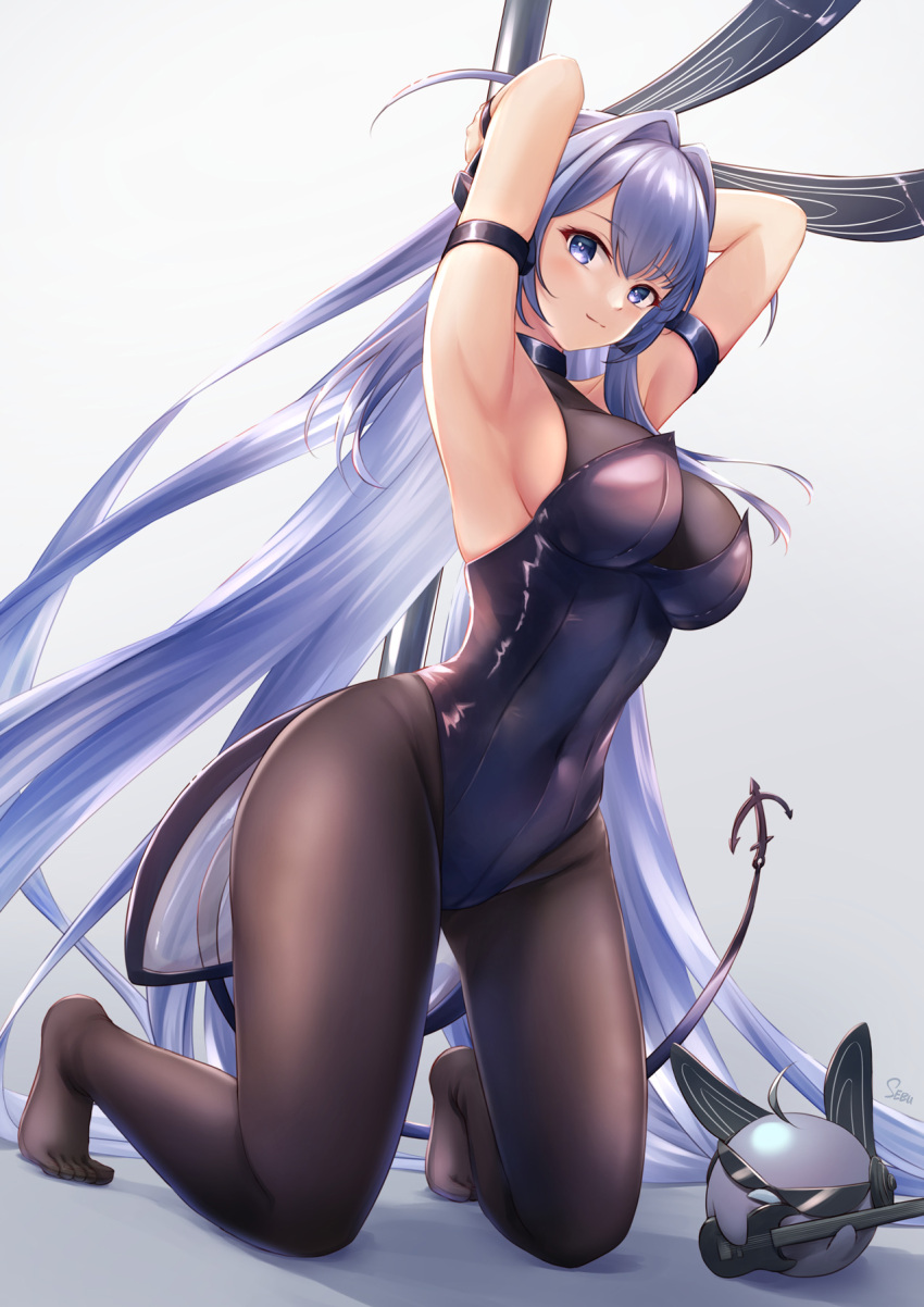 1girl anchor_ornament animal_ears arm_strap armpits arms_up artist_name azur_lane bangs black_legwear black_leotard blush bodystocking breasts bunny_ears closed_mouth covered_navel creature eyebrows_visible_through_hair fake_animal_ears full_body hair_intakes highres kneeling large_breasts legs leotard long_hair looking_at_viewer new_jersey_(azur_lane) new_jersey_(exhilarating_steps!)_(azur_lane) no_shoes official_alternate_costume pole purple_eyes purple_hair sebu_illust simple_background smile solo stripper_pole very_long_hair white_background