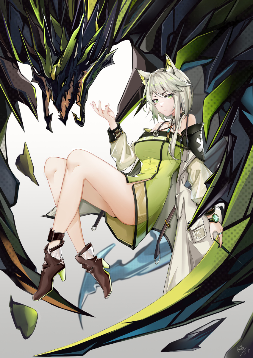 1girl absurdres animal_ear_fluff arknights bangs bare_legs bare_shoulders black_footwear boots breasts chinese_commentary commentary_request dress gradient gradient_background green_dress green_eyes grey_background hand_up high_heel_boots high_heels highres kal'tsit_(arknights) liuleiwowotou long_hair long_sleeves looking_at_viewer lynx_ears medium_breasts mon3tr_(arknights) off-shoulder_dress off_shoulder short_dress silver_hair solo thighs watch wristwatch