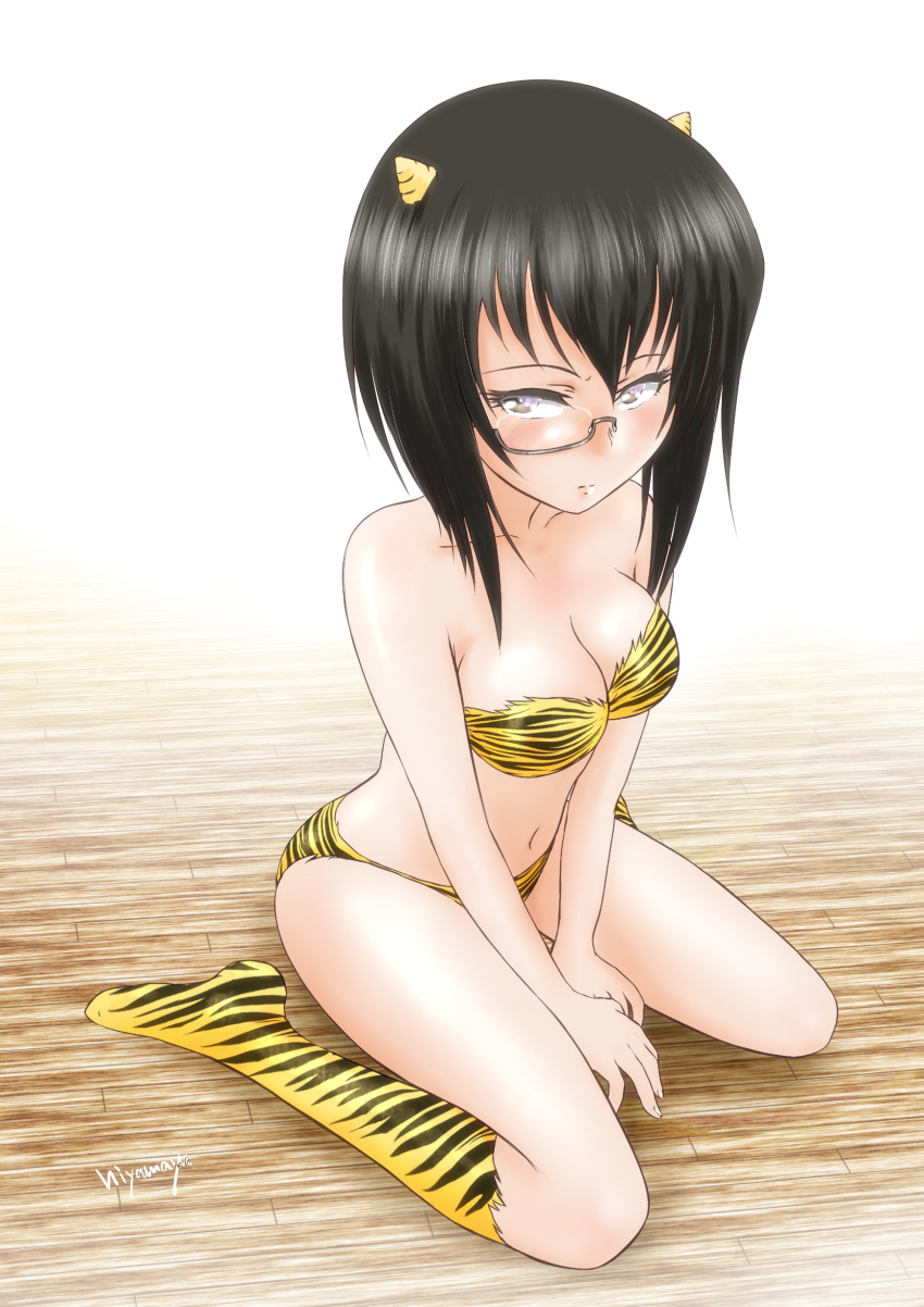 1girl absurdres alternate_costume artist_name bangs bare_shoulders bikini black_eyes black_hair blush bob_cut boots breasts cleavage closed_mouth commentary_request cosplay frown girls_und_panzer grey-framed_eyewear half-closed_eyes highres hiyama_yuu_(wee259hiyama) horns kawashima_momo looking_at_viewer lum lum_(cosplay) medium_hair monocle navel oni_horns partial_commentary print_bikini print_legwear semi-rimless_eyewear short_hair signature sitting solo strapless strapless_bikini swimsuit textless tiger_stripes under-rim_eyewear v_arms wariza yellow_bikini yellow_footwear