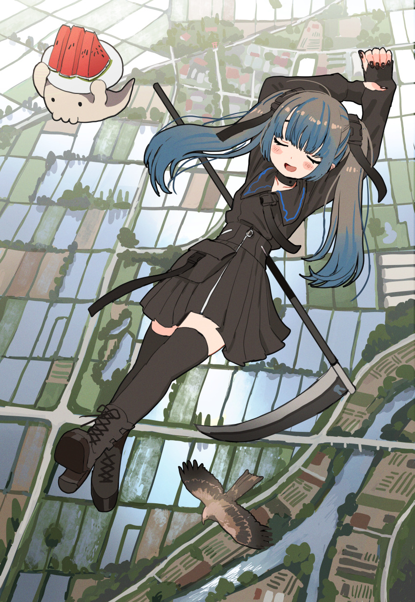 1girl absurdres bird black_clothes black_nails blue_hair blush_stickers boots closed_eyes flying ghost highres huge_filesize long_hair nail_polish original rice_paddy scythe shinigami skirt thighhighs twintails watermelon_slice zinbei