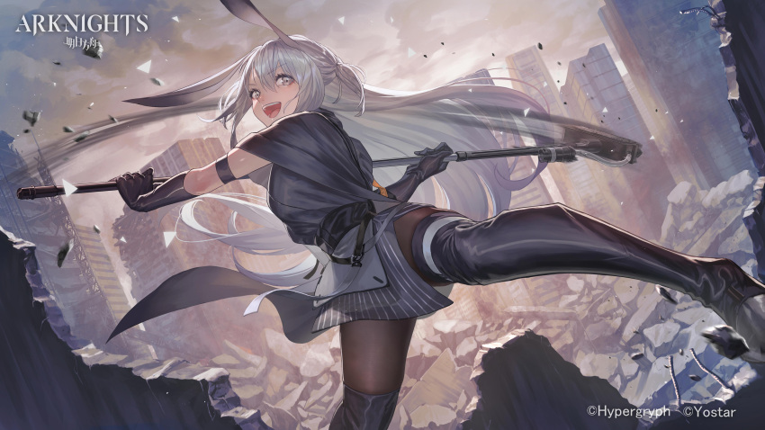 1girl :d absurdres animal_ears arknights black_gloves black_legwear boots breasts bunny_ears eyeliner gloves hammer highres holding holding_hammer holding_weapon long_hair looking_at_viewer makeup makitoshi0316 open_mouth pantyhose ruins savage_(arknights) silver_eyes silver_hair smile solo teeth thigh_boots thighhighs weapon