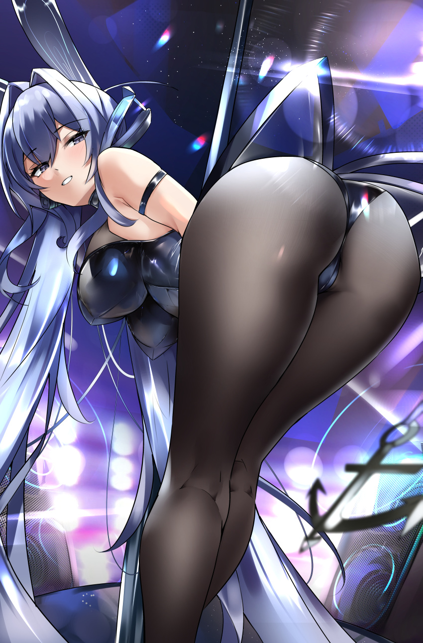 1girl absurdres angle animal_ears armband ass ass_focus azur_lane bare_shoulders bent_over blue_hair bodystocking breasts bunny_ears club hanging_breasts highres huge_filesize kyle_(kysizzle) legs legs_together leotard long_hair looking_back naughty_face new_jersey_(azur_lane) new_jersey_(exhilarating_steps!)_(azur_lane) official_alternate_costume pantyhose playboy_bunny pole_dancing seductive_smile shiny shiny_clothes smile speaker strapless strapless_leotard stripper_pole thighhighs weapon