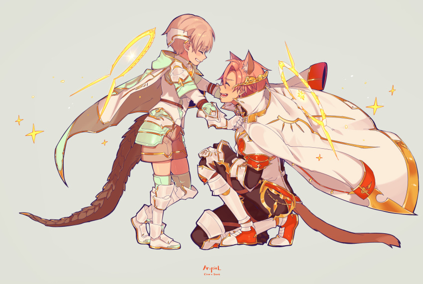 2boys animal_ear_fluff animal_ears armor armored_boots armored_dress arpiel artist_name bad_id blush boots brown_shorts cape capelet cat_ears cat_tail closed_eyes commentary_request eyebrows_visible_through_hair facing_another fang fang_out floating_cape from_side grey_background highres kneeling kyle_(arpiel) multiple_boys open_mouth pangolin_tail short_hair shorts simple_background sterk tail vine_(arpiel)