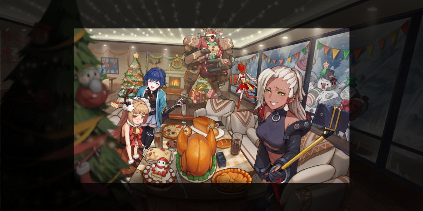 4girls anger_vein animal_costume bad_source bread cake caramel_(smc) christmas christmas_ornaments christmas_tree couch doomlight_(smc) eyebrows_visible_through_hair fingerless_gloves fireplace food gift glass gloves headpat heart highres iori_(smc) joanna_(smc) knife lasagna_(food) mila_(smc) muffin multiple_girls official_art phone photo_shoot pizza pout r.e.d_(smc) reindeer_costume ribbon santa_costume selfie_stick snowman super_mecha_champions sweatdrop turkey_(food) window