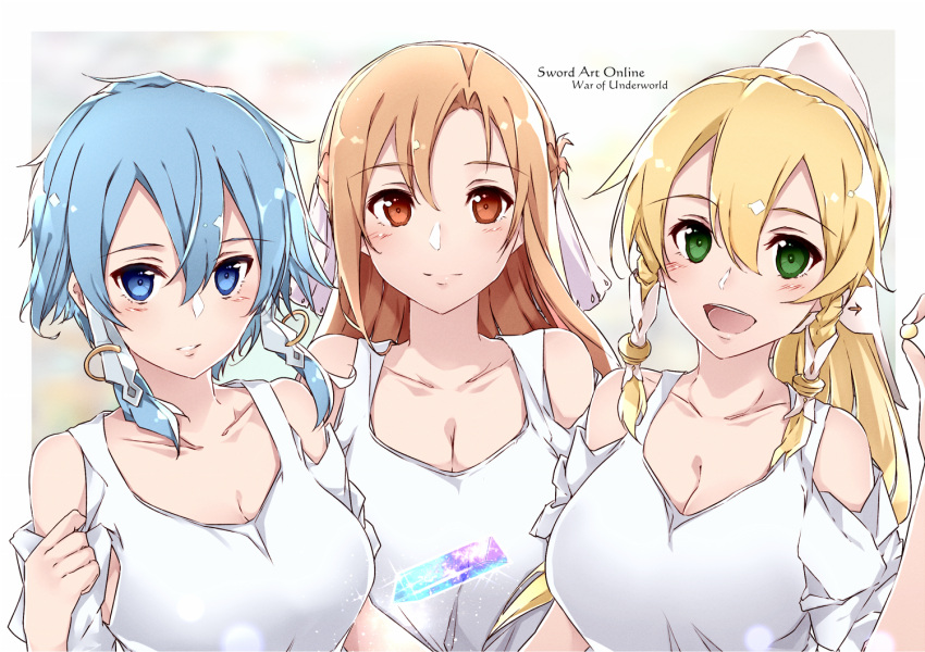 3girls alternate_costume asuna_(sao) asuna_(stacia) bangs blonde_hair blue_eyes blue_hair breasts brown_eyes brown_hair cleavage closed_mouth clothing_cutout collarbone copyright_name eyebrows_visible_through_hair green_eyes hair_between_eyes hair_tubes large_breasts leafa leafa_(terraria) long_hair looking_at_viewer medium_breasts multiple_girls shi-2 shiny shiny_hair shirt short_hair_with_long_locks shoulder_cutout sidelocks sinon sinon_(solus) smile sword_art_online sword_art_online:_alicization sword_art_online:_alicization_-_war_of_underworld upper_body very_long_hair white_shirt