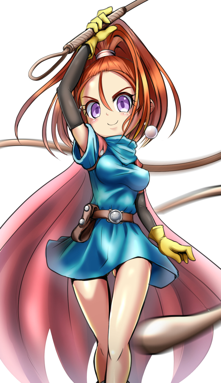 1girl arm_warmers ass_visible_through_thighs barbara_(dq6) blue_dress brown_hair cape dragon_quest dragon_quest_vi dress earrings feet_out_of_frame from_behind gloves high_ponytail highres jewelry looking_at_viewer pink_cape pov purple_eyes simple_background smile solo whip white_background yellow_gloves zakkin_(zakkinman)