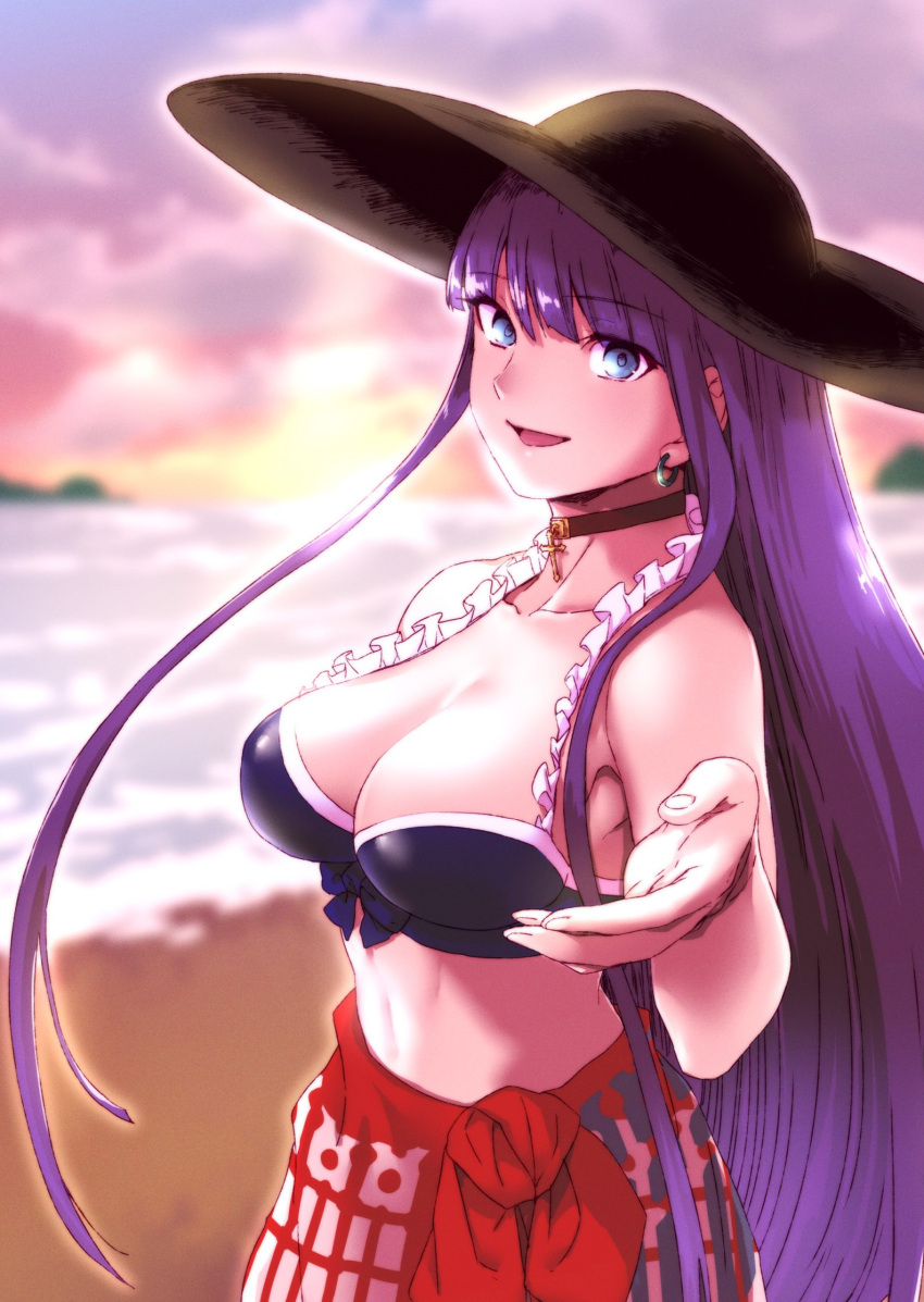 1girl aoba_(smartbeat) beach bikini bikini_top blue_eyes commission earrings fate/grand_order fate_(series) hat highres jewelry long_hair martha_(fate) martha_(swimsuit_ruler)_(fate) purple_hair sarong skeb_commission smile sun_hat sunset swimsuit